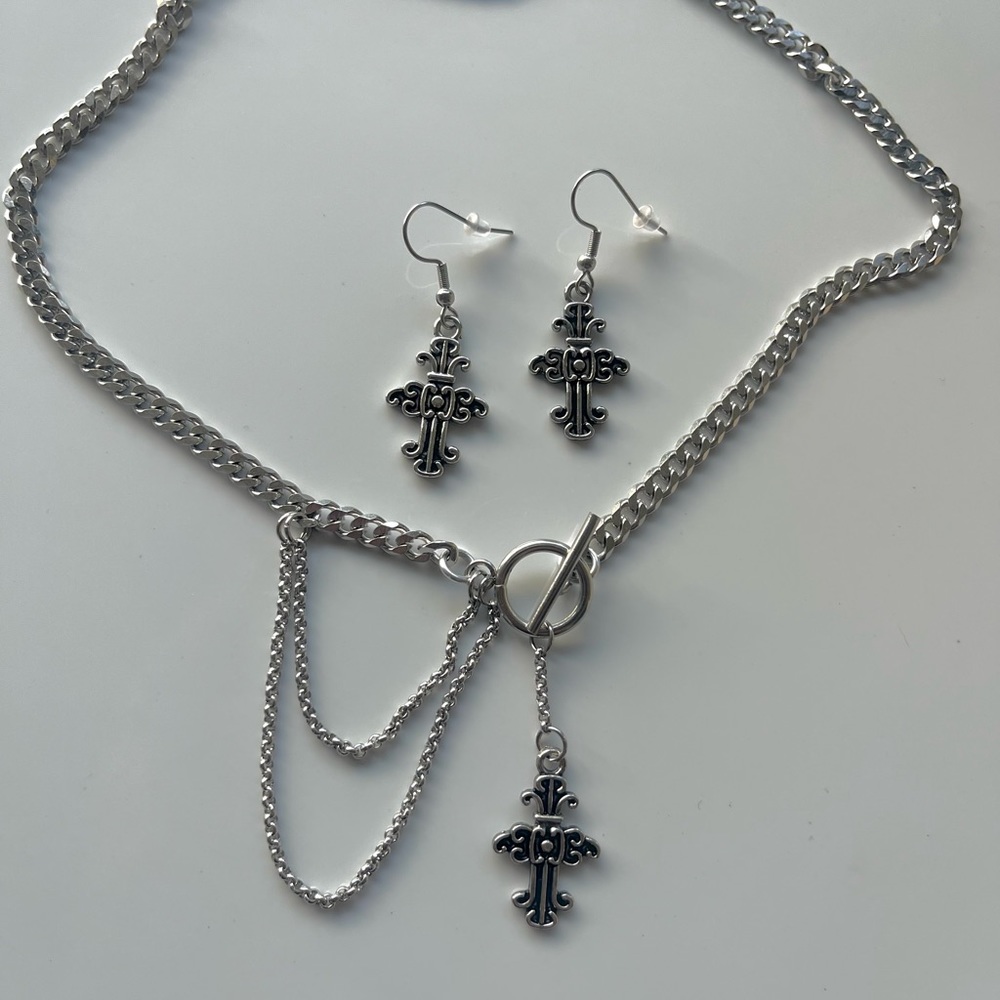 Cuban chain stainless steel with dangly cross gothic charm choker necklace set - Picture 7 of 12